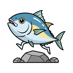 Fototapeta premium A cartoon blue fish with yellow fins standing on a gray rock with a smiley face