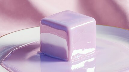 Close up of cube shaped pastry with mirror glaze in soft lavender tones, sharp edges, minimal modern plating, smooth reflective surface, luxury