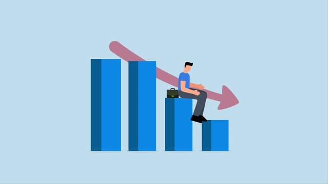 Economic recession, 4k animation of business owner seated on a falling down bar graph and a red arrow