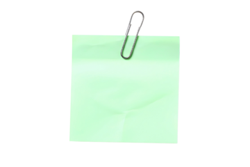 Green post-it note with paperclip isolated on transparent background