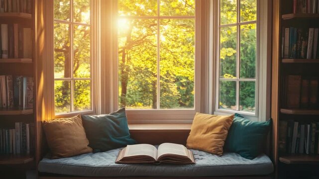 A tranquil reading corner by a window, with natural light streaming in and books neatly arranged on shelves.