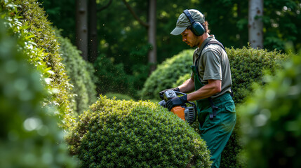 A man using a hedge trimmer to trim a hedge