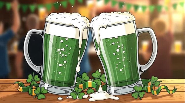 Cartoon Green Beer Mugs St Patrick's Day Celebration Clinking in Pub