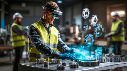 A man wearing a virtual reality headset working in a factory