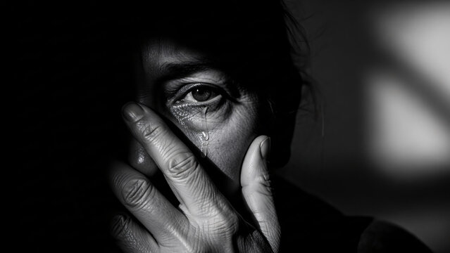 Intense black and white portrait of a person experiencing profound emotional distress, a single tear prominent on the cheek, with a hand conveying a sense of vulnerability and deep sorrow