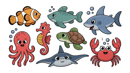 Animated Sea Creatures' Delight: An engaging assembly of cheerful and vibrant aquatic creatures swim across the ocean, evoking feelings of wonder and curiosity. © mstmahmuda