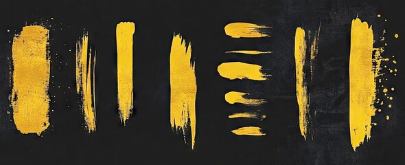 Abstract yellow brushstrokes on a black background, arranged in a variety of shapes and sizes, creating a dynamic and textured visual effect