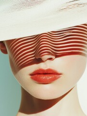 Woman's face shaded by white hat, creating dramatic striped shadows. Vivid red lipstick accentuating sculptural facial contours with bold visual contrast