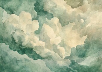 An abstract watercolor illustration of dense, textured clouds in shades of green and white, creating a mysterious and atmospheric visual effect