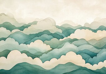 An abstract watercolor illustration of layered, wavy patterns in shades of green and white, resembling ocean waves or clouds, creating a serene and fluid visual effect