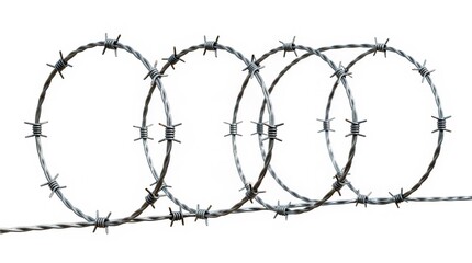 A close-up view of coiled barbed wire on a white background