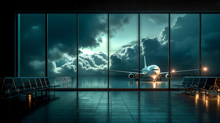 A plane is parked in an airport waiting area at night