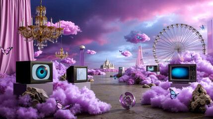Fototapeta premium A woman sitting in front of a pink and purple sky filled with clouds