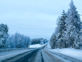 Winding asphalt road through a snowy winter landscape, wet highway with frozen trees and cloudy sky in a cold northern forest