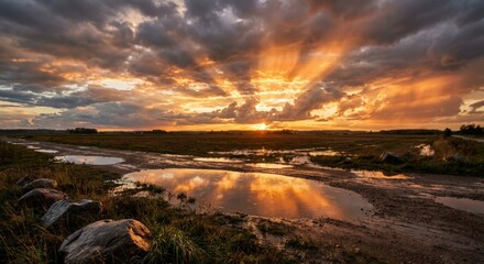 Dramatic Sunset Light Shafts Piercing Broken Clouds after Rain