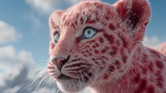 A strikingly unusual pink leopard cub gazes intensely into the distance against a serene blue sky with wispy clouds.