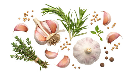 Aromatic Herbs and Spices: An artful arrangement of fresh garlic cloves, aromatic herbs, and peppercorns invites the senses, capturing the essence of culinary delight.