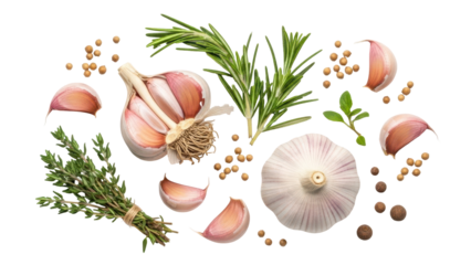 Aromatic Herbs and Spices: An artful arrangement of fresh garlic cloves, aromatic herbs, and peppercorns invites the senses, capturing the essence of culinary delight.