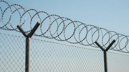 A close-up view of a chain link fence topped with barbed wire against a clear blue sky
