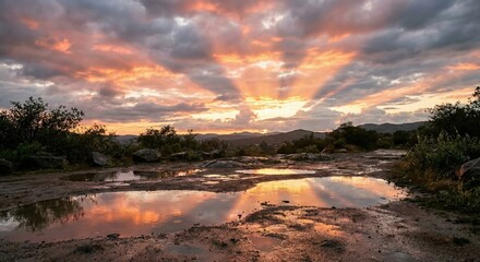 Dramatic Sunset Light Shafts Piercing Broken Clouds after Rain