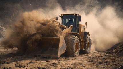 diesel construction loader working on muddy site, heavy machinery action, dirt flying, industrial realism