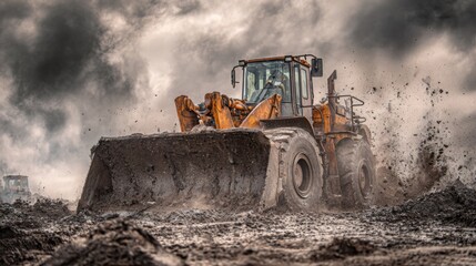 diesel construction loader working on muddy site, heavy machinery action, dirt flying, industrial realism