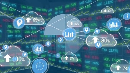 Animation of network of connections with icons and digital clouds over financial data - Powered by Adobe