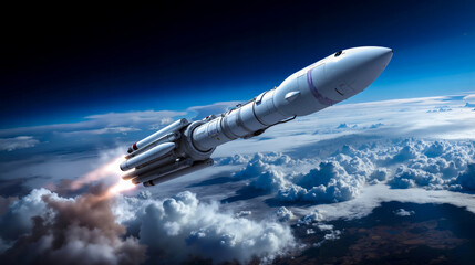 A rocket launching into the sky above the clouds