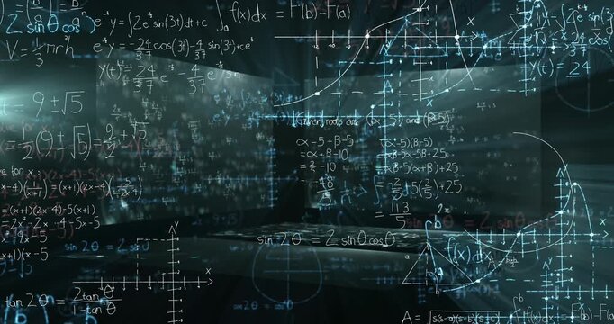 Animation of mathematical equations over black background