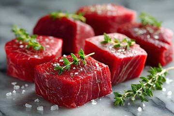Fresh Raw Beef Steaks with Thyme and Sea Salt for Gourmet Cooking and Culinary Delights
