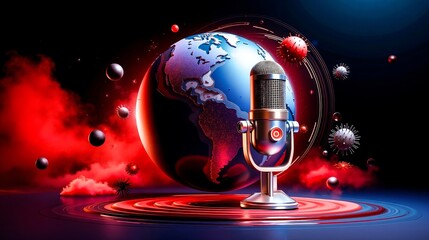 A microphone with a globe in the middle of a red and blue background