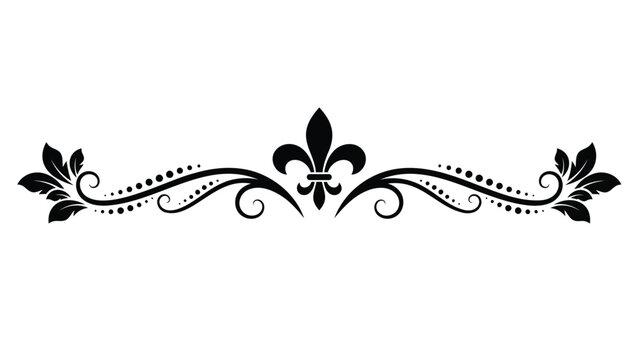 Elegant black fleur de lis design element with leaves and swirling lines on white background for decorative border or frame