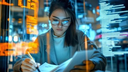 Watch a determined woman analyzing data in a vibrant, tech-infused space. This video captures inspiration for students and professionals alike. AI - Powered by Adobe