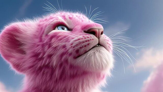 A strikingly unusual pink leopard cub gazes upwards against a serene blue sky in 4K