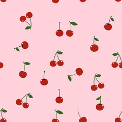 Seamless red cherry fruit with green leaves pattern on pink background for seasonal fashion and sweet lifestyle design