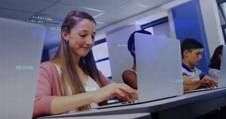 Animation of data processing over diverse students using laptops - Powered by Adobe