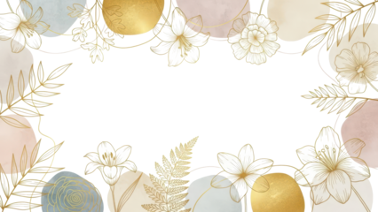 Abstract art background vector. Luxury minimal style wallpaper with golden line art flower and botanical leaves, Organic shapes, Watercolor. Vector background for banner, poster, Web and packaging.