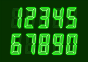 Digital glowing numbers. Green LCD figures for a electronic devices, clocks, calculators, and scoreboard interfaces. Vector illustration.
