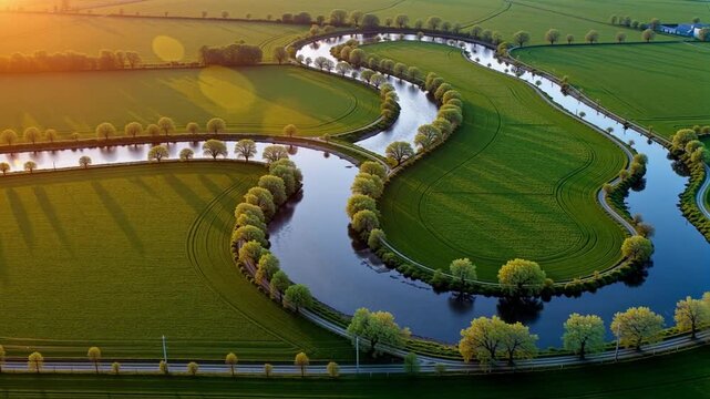Majestic aerial perspective captures a beautifully meandering river carving sinuous S-curves through vibrant green pastoral meadows bathed in warm golden hour sunlight.