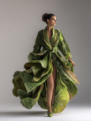 A flowing kimono robe woven from green kelp, blending organic marine textures with fashion design in a surreal, elegant and nature-inspired composition.