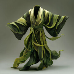 A flowing kimono robe woven from green kelp, blending organic marine textures with fashion design in a surreal, elegant and nature-inspired composition.