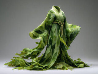 A flowing kimono robe woven from green kelp, blending organic marine textures with fashion design in a surreal, elegant and nature-inspired composition.