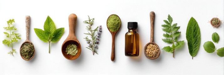 Flat lay of dried herbs, roots, and essential oil bottles on white background, ideal for alternative medicine and wellness concepts.