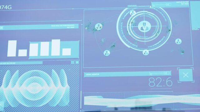 Animation of profile icons, map, numbers, graph, soundwave on digital screen