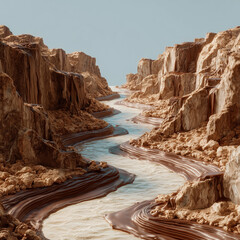 Flowing river of melted chocolate through a canyon