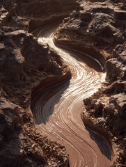 Flowing river of melted chocolate through a canyon