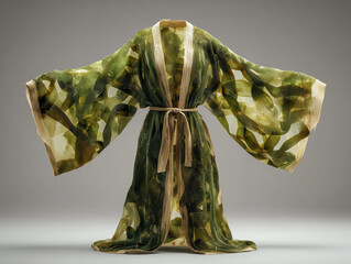 A flowing kimono robe woven from green kelp, blending organic marine textures with fashion design in a surreal, elegant and nature-inspired composition.
