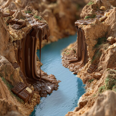 Flowing river of melted chocolate through a canyon