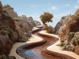 Flowing river of melted chocolate through a canyon