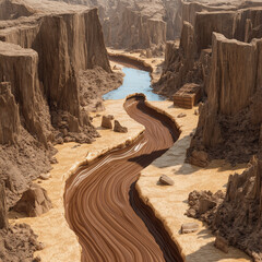 Flowing river of melted chocolate through a canyon